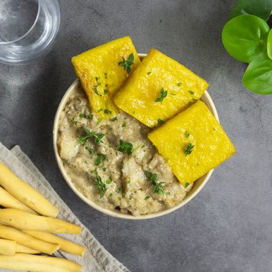 Baccalà alla vicentina con polenta grigliata 
