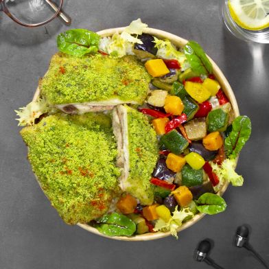 Sovracoscia di pollo gratinata alle erbe aromatiche, ratatouille di verdure e riso basmati