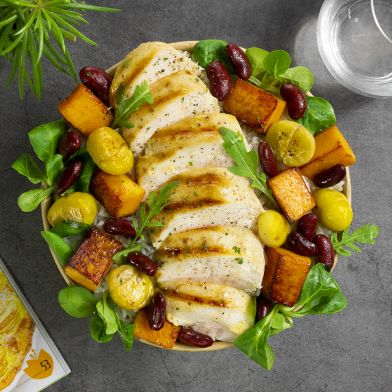 Tagliata di pollo con zucca, castagne, fagioli red kidney e riso basmati bio al vapore