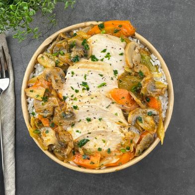 Tagliata di pollo alla cacciatora con riso basmati